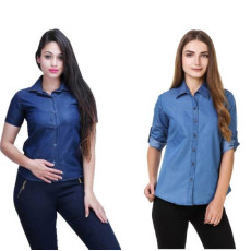 Women's Denim Solid Shirt Buy 1 Get 1 Free Blue Solid 